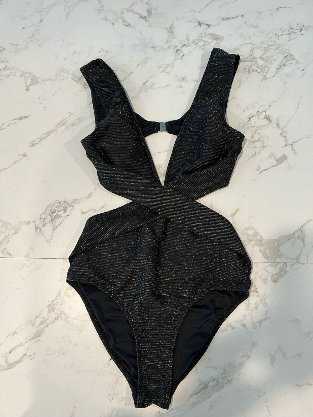 Sleek Black Sparkle Cutout One-Piece Swimsuit